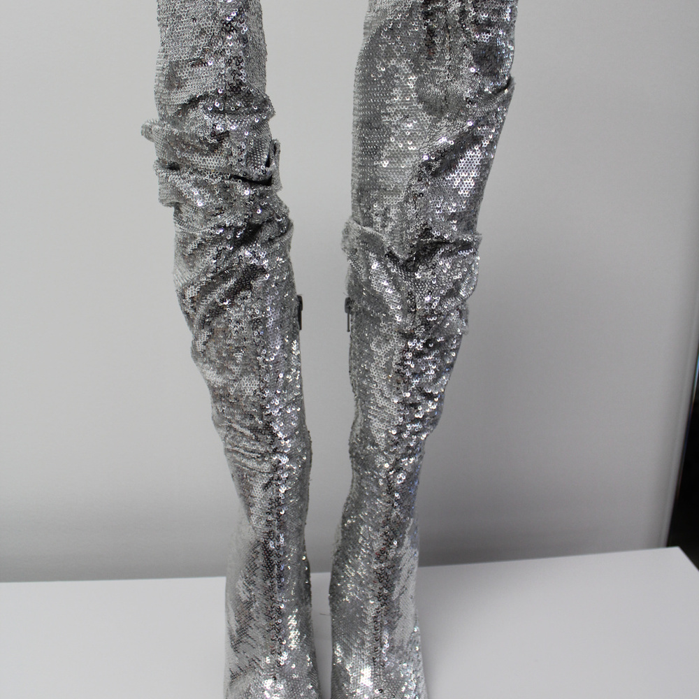 Womens Silver Sequins Over The Knee Slouchy Boots - Picture 4 of 8